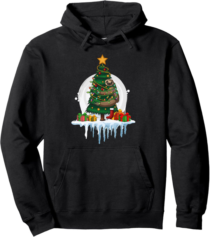 Weihnachtsbaum Lichterkette Schnee Weihnachtliches Faultier Pullover Hoodie