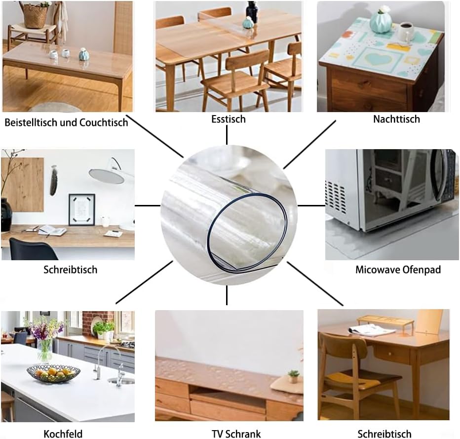 Tischschutz transparent 2 mm PVC abwischbar wasserdicht für Zuhause, Küche 60 x 70 cm, transparent T