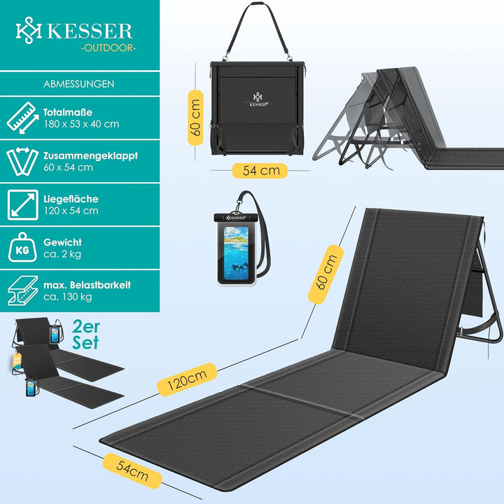 KESSER® 2er Set Strandmatte klappbar mit Verstellbarer Rückenlehne, Tragegurt, wasserdichter Tasche