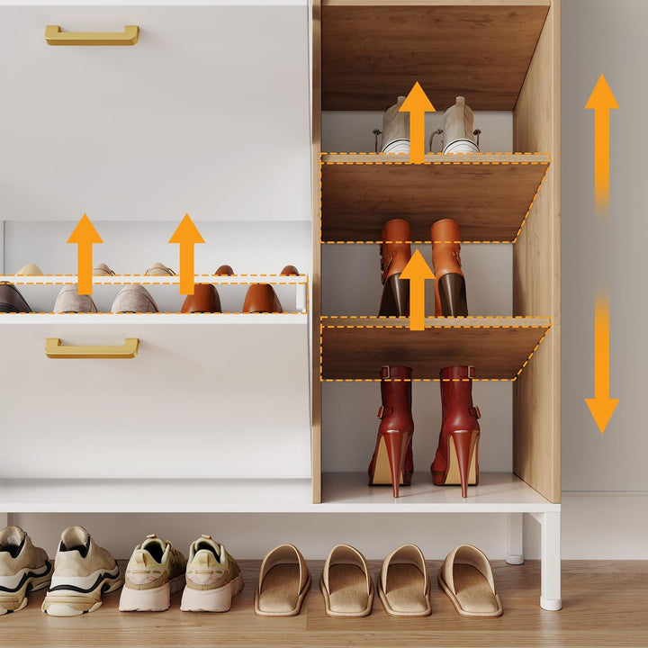 Schuhschrank mit 2 Klappen, Schuhkipper Schmal mit 3 Offenes Fach und Metallfüssen, Schuhkipper Schu