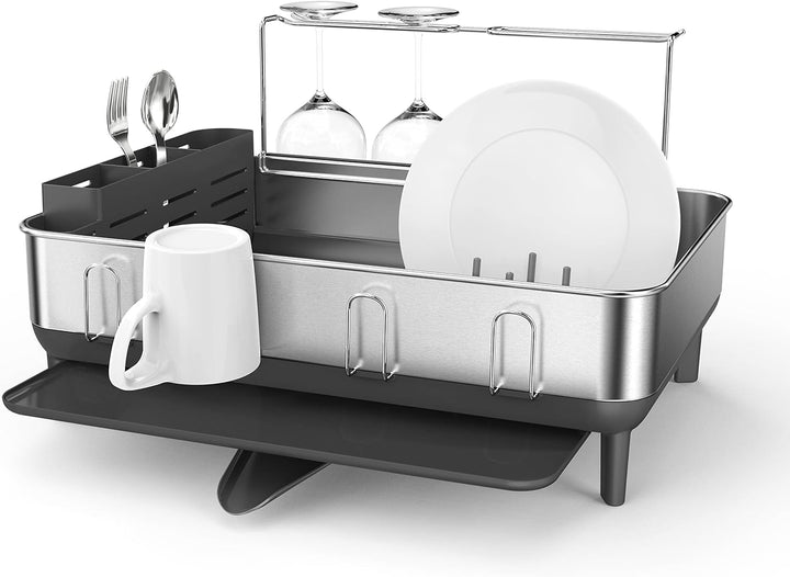 Simplehuman KT1181 Stahlrahmen Abtropfgestell Geschirr mit Abtropfschale, Geschirrständer mit Bestec