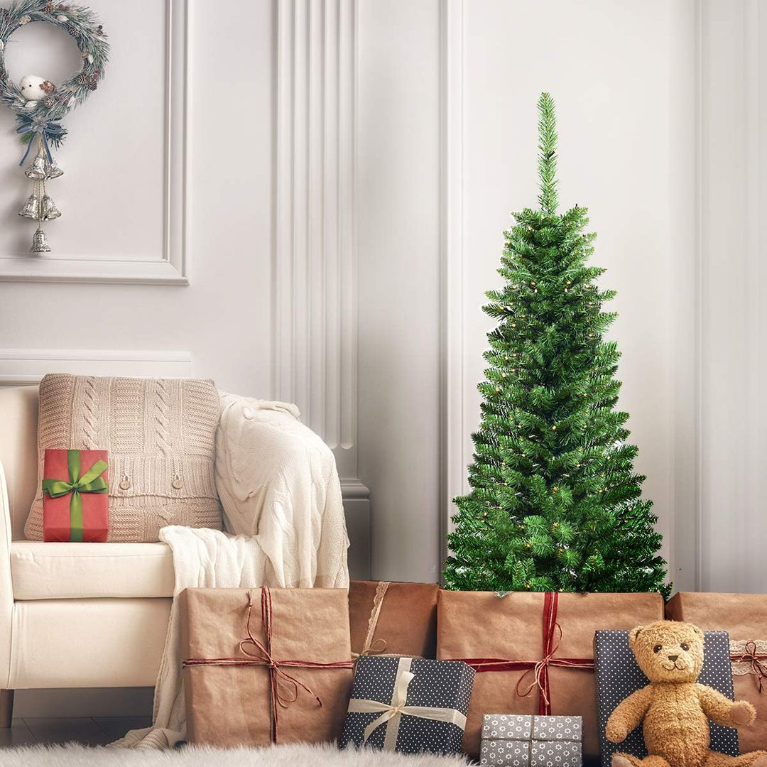 COSTWAY 135/200/225cm Bleistift Weihnachtsbaum mit warmweissen LED-Leuchten, künstlicher Tannenbaum