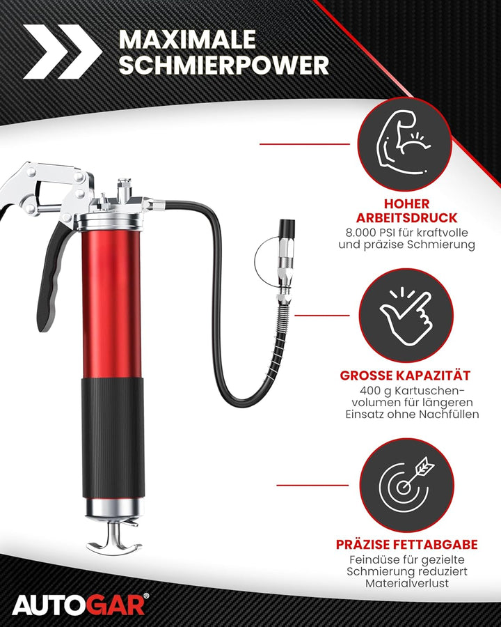 Einhand-Fettpresse mit Schlauch &amp; Zubehör I 8000 PSI Hochdruckpresse für 400 g Kartuschen I Kartusch