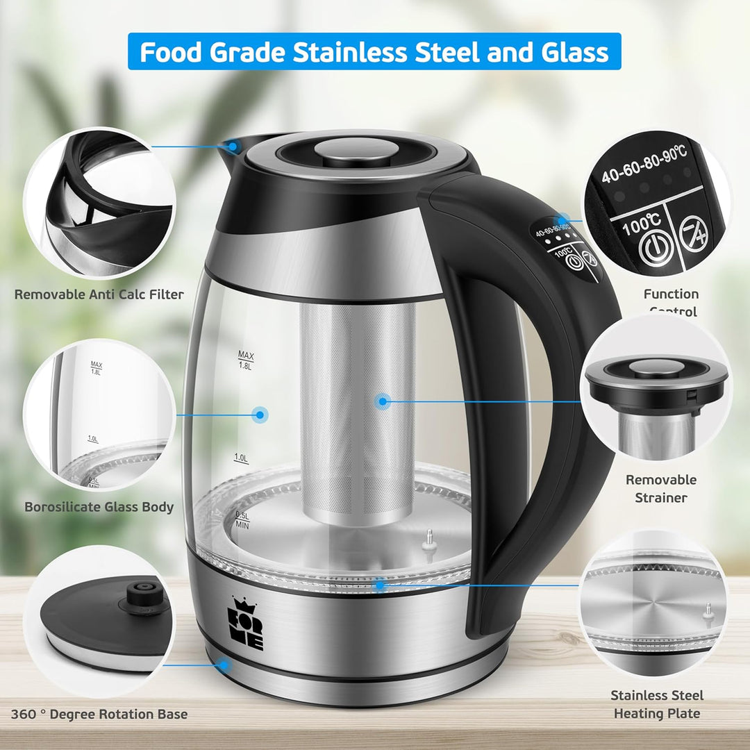 FOR ME Glas Elektrischer Wasserkocher mit Teesieb 1,8L, Temperatureinstellung, Temperaturwahl 40°C b