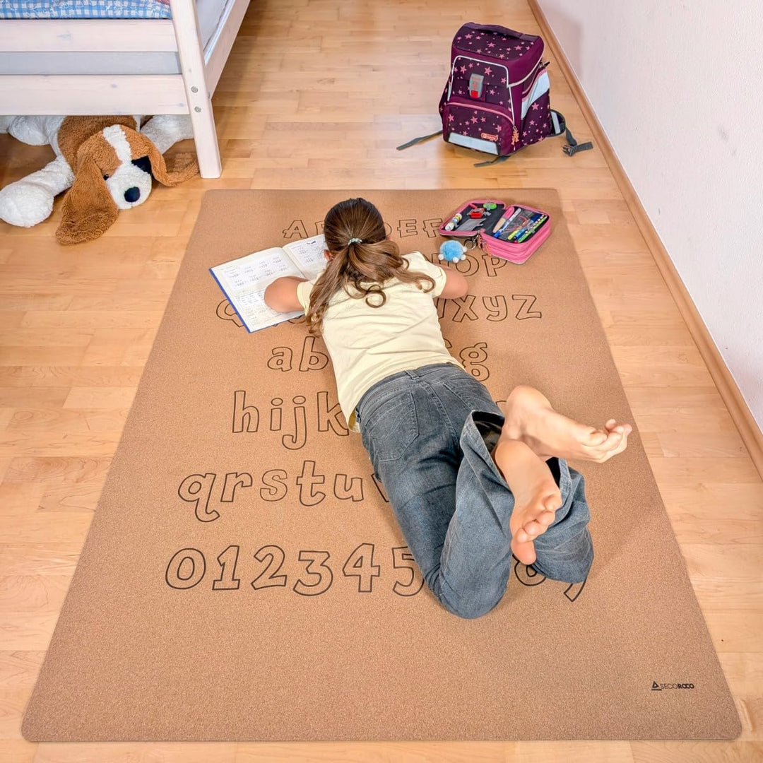 Secoroco Spielmatte aus Kork. Schadstofffreie Krabbelmatte für Babys und Kinder. Buchstaben und Zahl