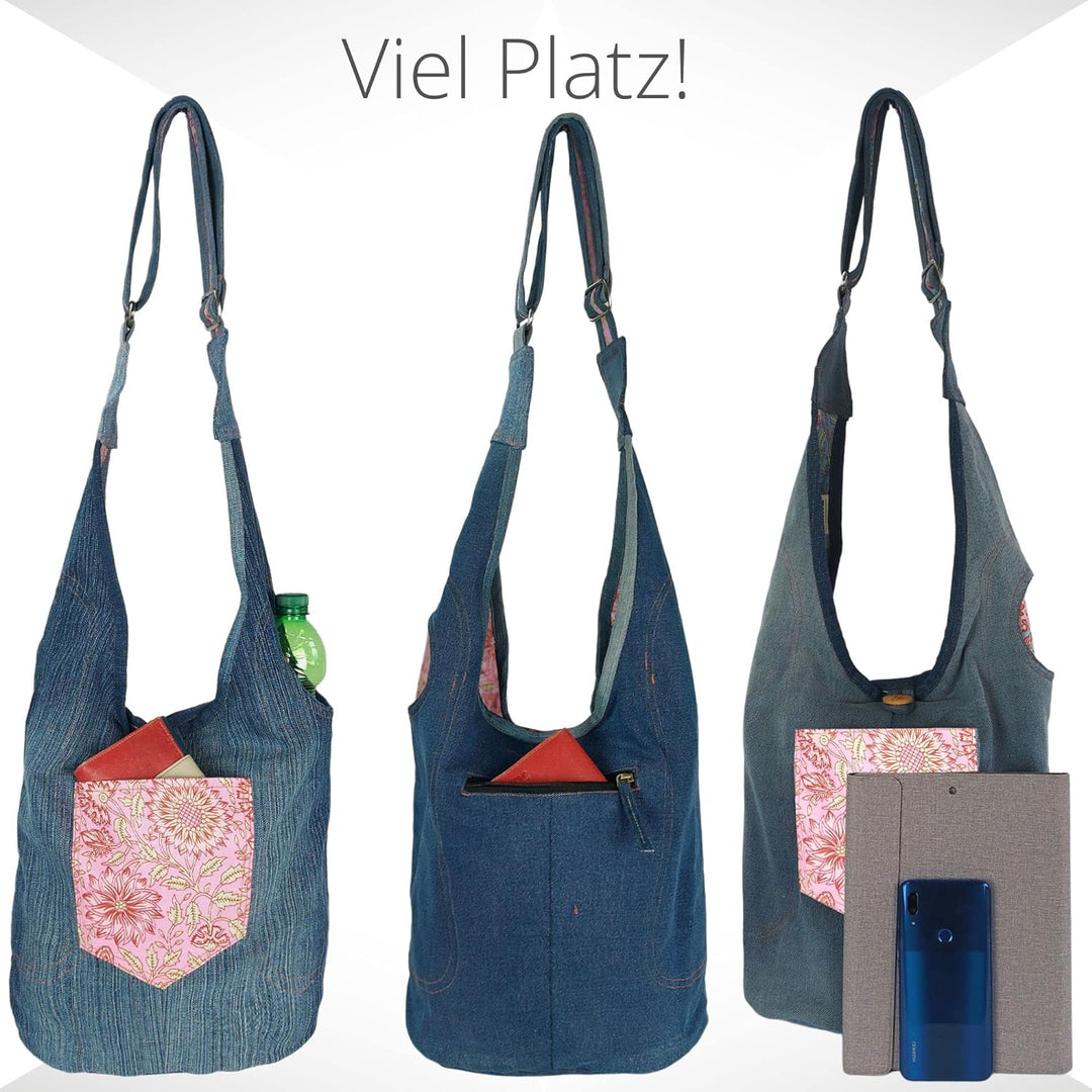 Sunsa Damen nachhaltige Hobo Tasche. Umhängetasche aus recycelte Jeans & Baumwolle. Boho Blumig Cros