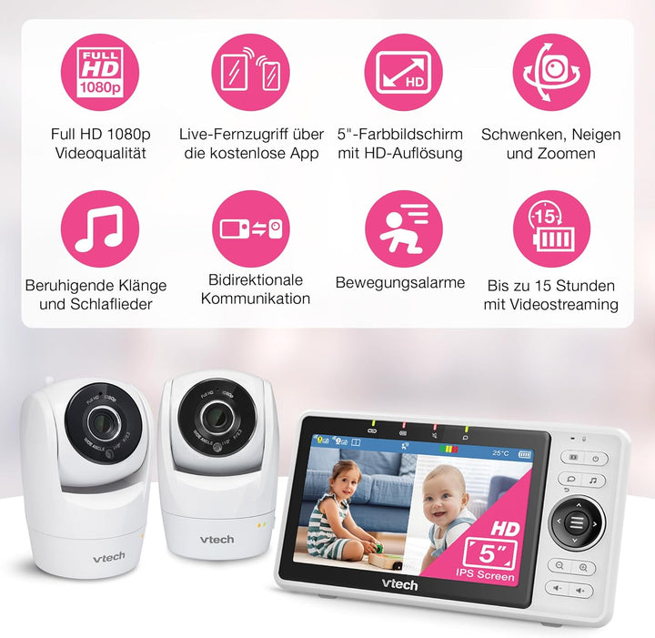 VTech Smart Babyphone mit 2 Kameras, 1080p-FHD-Kamera und 5"-HD-IPS-Bildschirm, WLAN, Geräusch-/Bewe