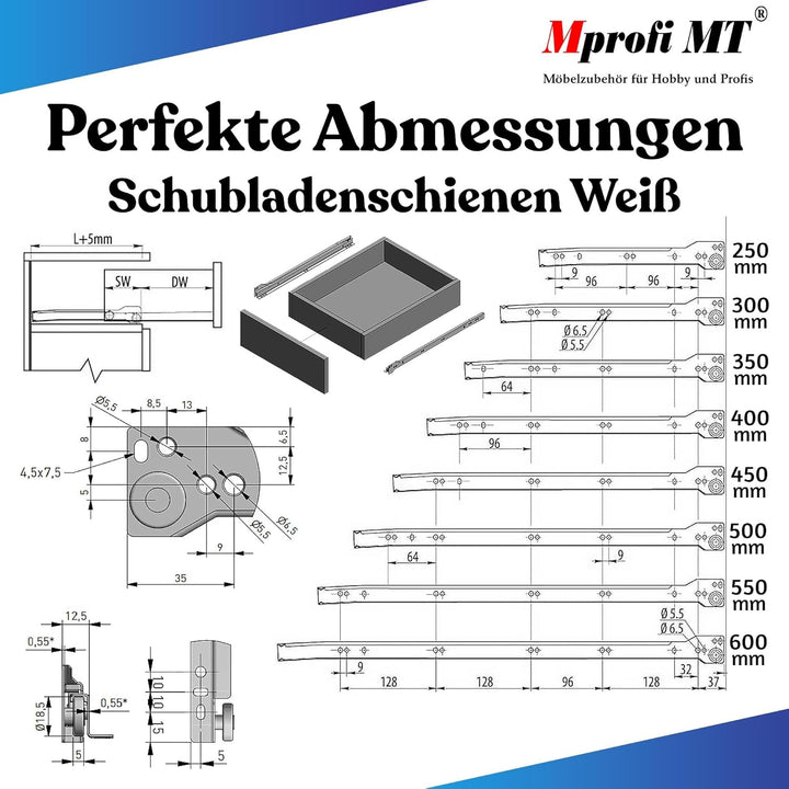 10 X Mprofi MT® (10 Paar) Schubladenschienen-Schubladenauszug-Schienen für Schubladen-Rollenauszug-M