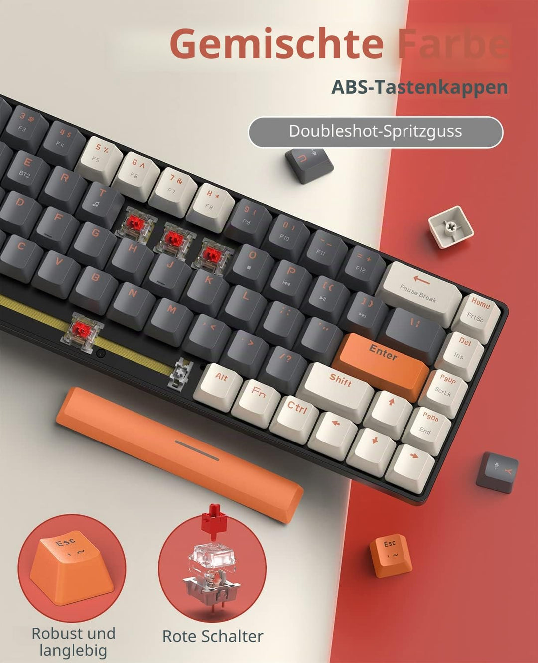 MAGIC-REFINER RK68 Kabellose Mechanische Gaming-Tastatur, Dual-Mode 2.4G Wireless/Bluetooth, 60% Pro
