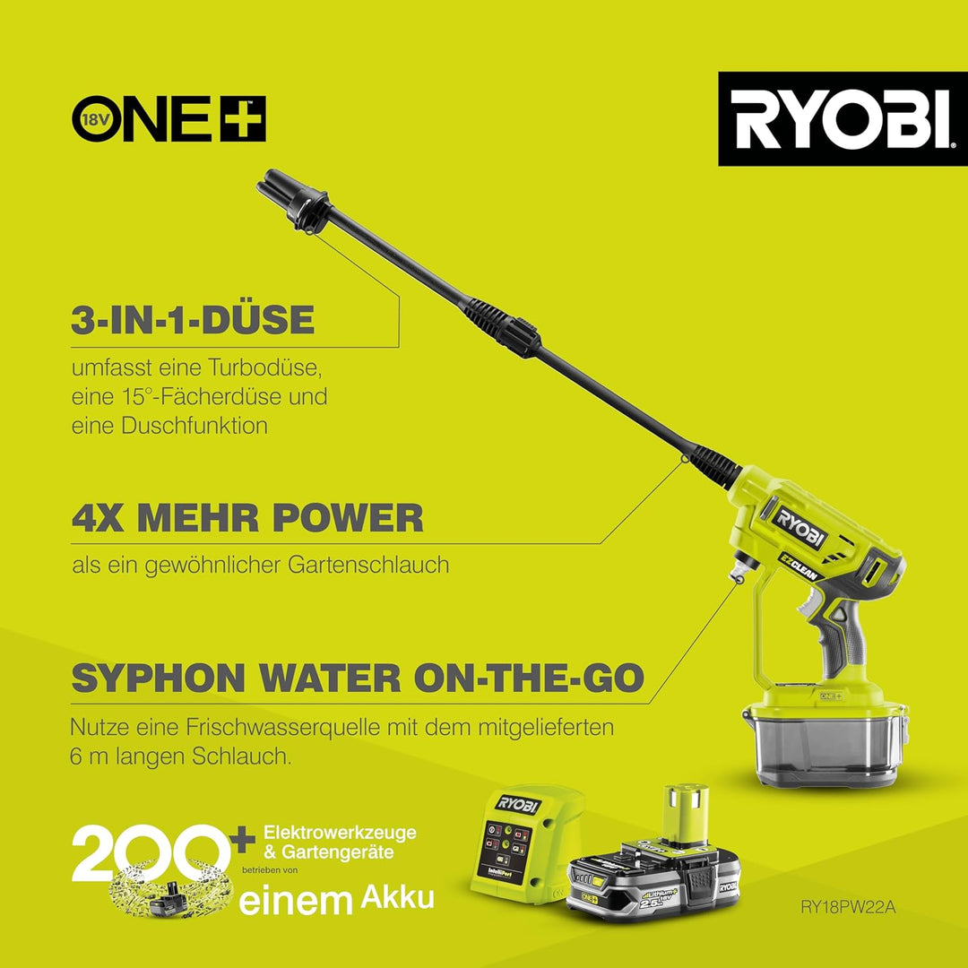 RYOBI 18 V ONE+ Akku-Mitteldruckreiniger RY18PW22A-125 (Reinigen von Fahrzeugen/Oberflächen, max. Dr