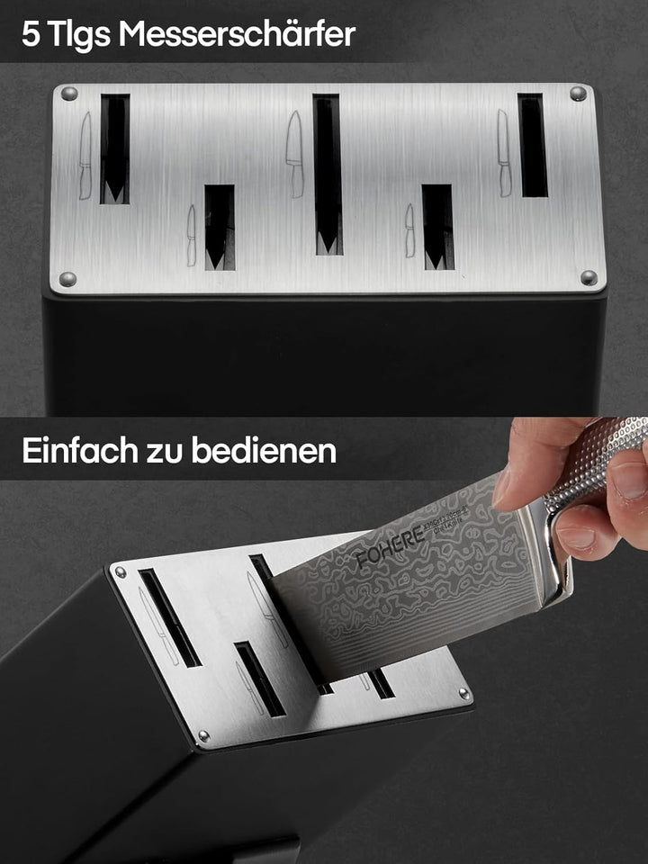 FOHERE Messerblock, 7-teilig Selbstschärfender Messerblock mit Messer, Scharfes Messerset mit Holzbl