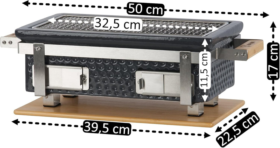 BBQ-Toro Keramik Tischgrill mit Holzunterlage | 50 x 23 x 17 cm | Hibachi Tischgrill ohne Strom | Gr