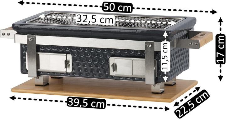BBQ-Toro Keramik Tischgrill mit Holzunterlage | 50 x 23 x 17 cm | Hibachi Tischgrill ohne Strom | Gr