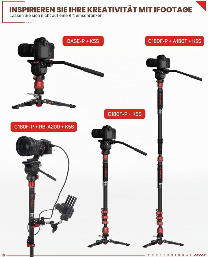IFOOTAGE Cobra 3 Einbeinstativ Kamera C180F-P, automatische 1/4"- und 3/8"-Schraube, Kohlefaser, mit