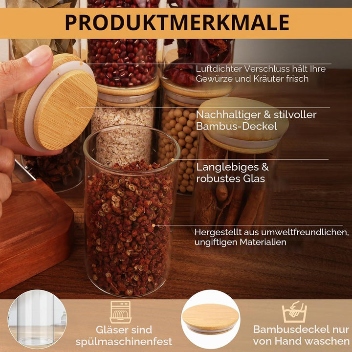 Cinnani 300ml Gewürzgläser Rund Set luftdicht mit Holzdeckel, 12 Stück Gewürzdosen Glas Gewürzbehält