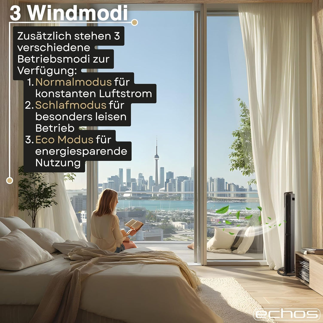 Echos® Turmventilator Leise mit Fernbedienung & Kühlung 75W – Standventilator mit 6 Geschwindigkeite