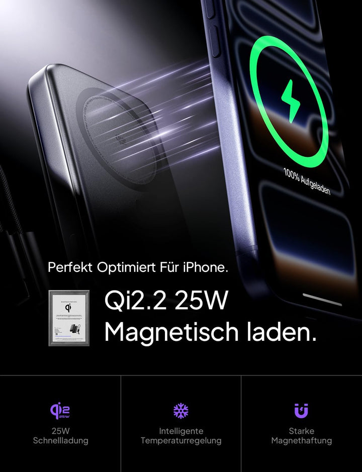 LISEN Qi2.2 25W MagSafe Powerbank, Power Bank 45W PD Schnellladen &amp;10000mah Flugzulassung, Robuster