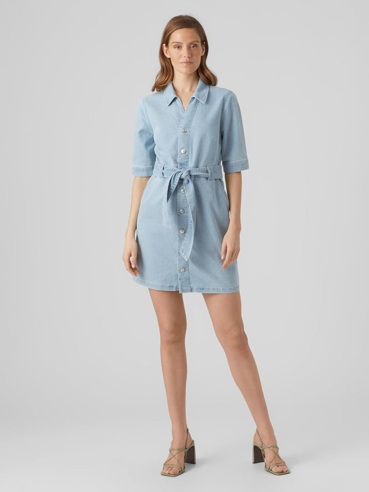 VERO MODA Damen Vmcali Ss Denim Button Dress Kleid M Light Blue Denim, M Light Blue Denim