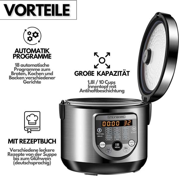 18in1 Multikocher Schongarer | 900 Watt | 5 Liter | Reiskocher | Dampfgarer | Speisewärmer | Sautier