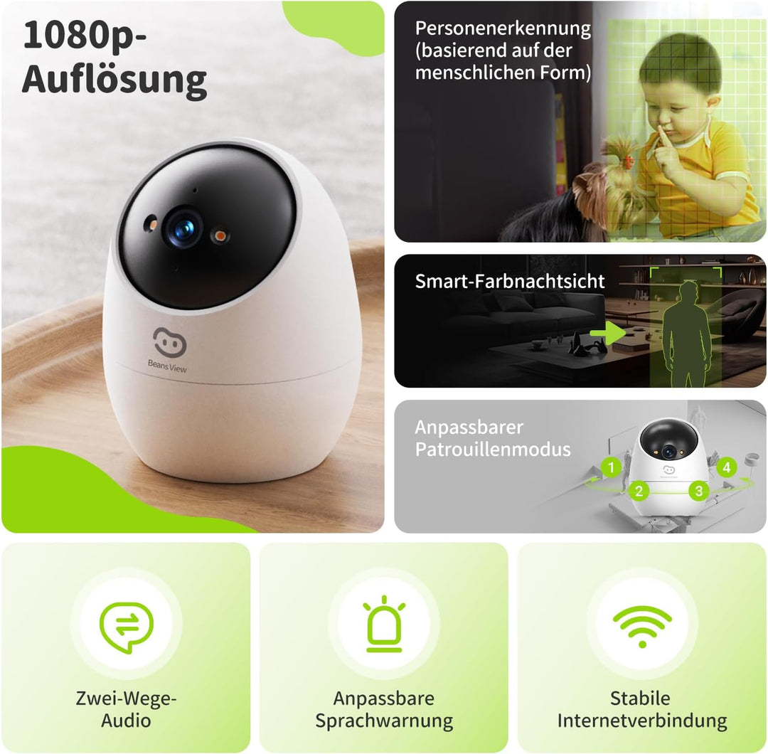 Innenkamera für Überwachung und Sicherheit, 2,4 GHz WiFi Farb-Nachtsicht, WLAN-Kamera für Haustiere/