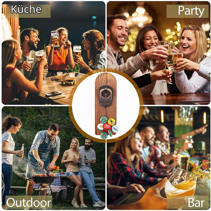 ZONSUSE Flaschenöffner Wand Magnet mit Auffangbehälter,Vintage Holz Bieröffner Wand mit Behälter,Mag