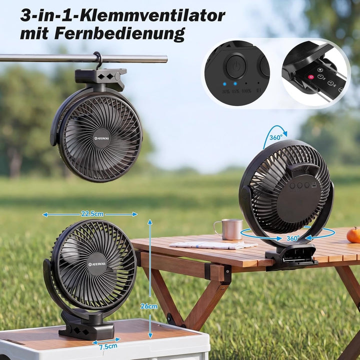 10000mAh Clip-On Ventilator mit Fernbedienung,3 Geschwindigkeiten USB Ventilator Akku mit Timer&LED-