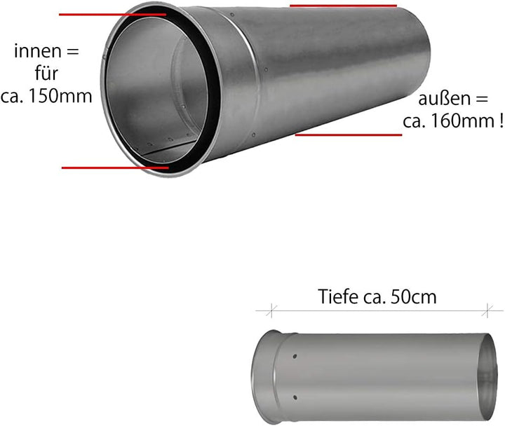 Doppelwandfutter für Rauchrohr Ø150mm Länge 500mm kürzbar Ofenrohr Kaminrohr Doppelwandfutter 50cm k