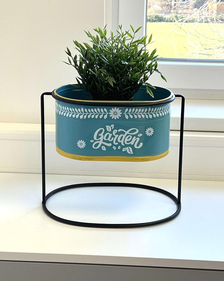 DanDiBo Blumenhocker mit Topf Metall Stehend Blau Oval 27 cm Blumenständer 96526 M Blumensäule Moder