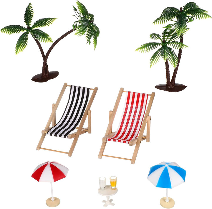 Generisch Strand-Mikrolandschaft Miniatur-Set Mit Mini LiegestüHlen Palmen Sonnenschirmen Und Rundem