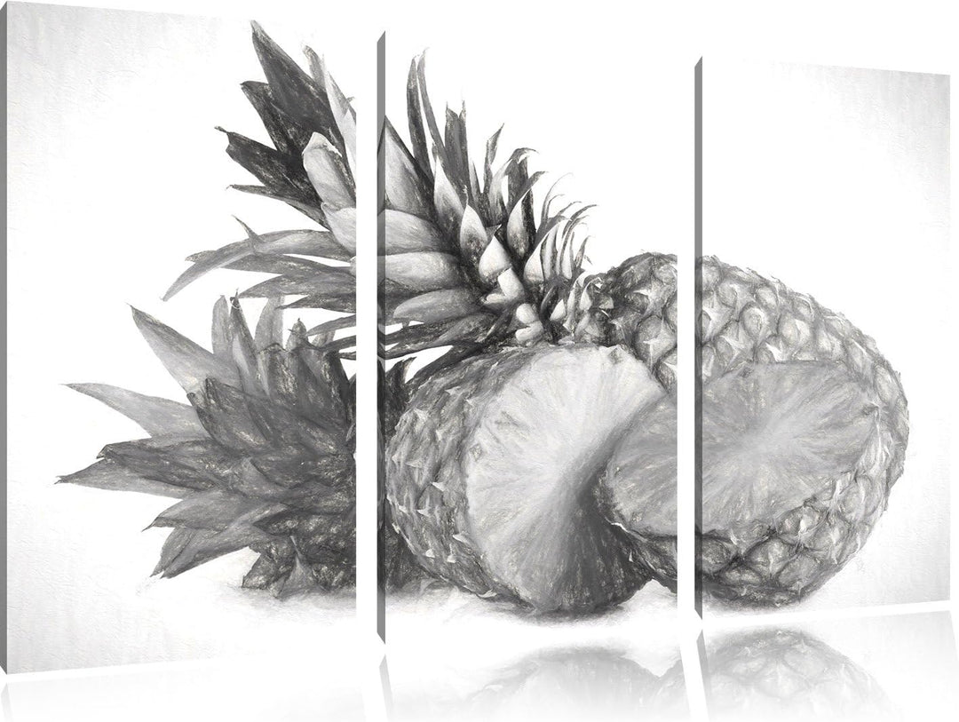 Pixxprint Frische Ananas Kohle Zeichnung Effekt 3-Teiler Leinwandbild 120x80 Bild auf Leinwand