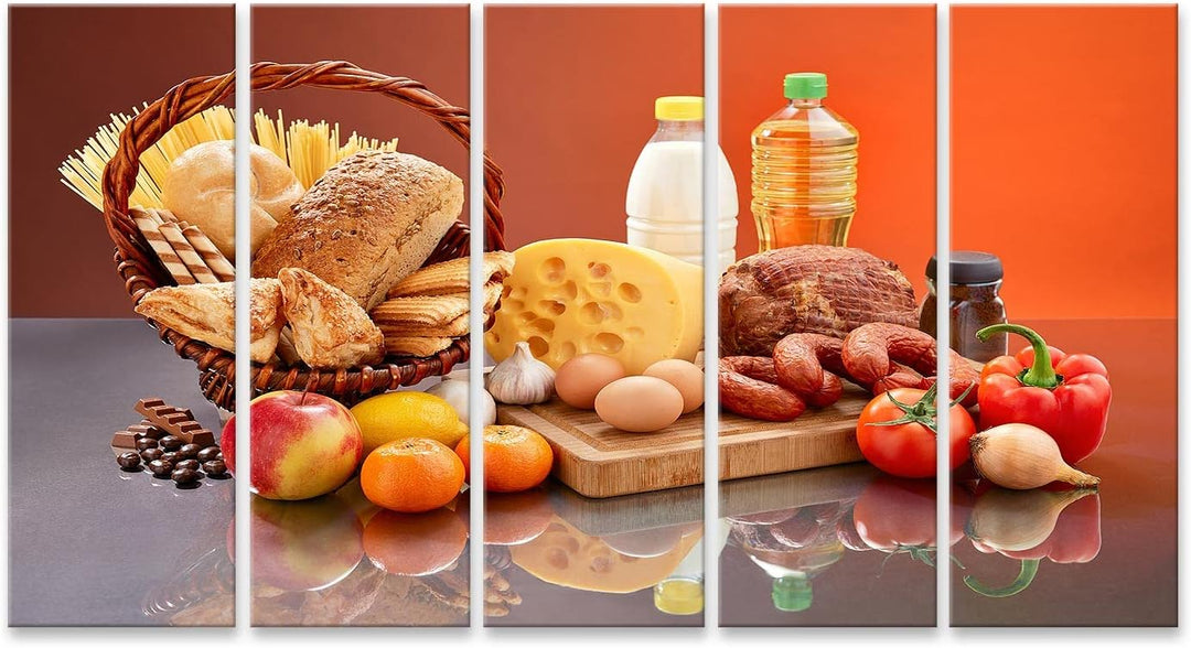 islandburner Bild auf Leinwand Lebensmittel Set Viele Zutaten Leckere Lebensmittel Gespiegelter Tisc