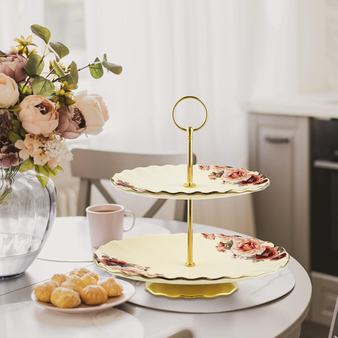 fanquare 2 Stöckig Gold Etagère aus Keramik, Porzellan Tortenständer, Obst und Cupcake Ständer, Serv