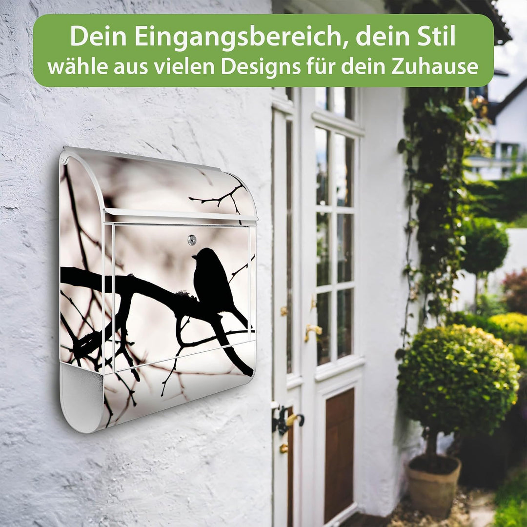 banjado® Design Briefkasten mit Motiv Früher Vogel 39x47x14cm &amp; 2 Schlüssel - Briefkasten Stahl weis