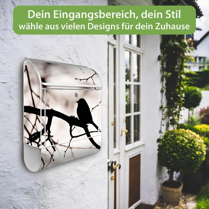 banjado® Design Briefkasten mit Motiv Früher Vogel 39x47x14cm &amp; 2 Schlüssel - Briefkasten Stahl weis
