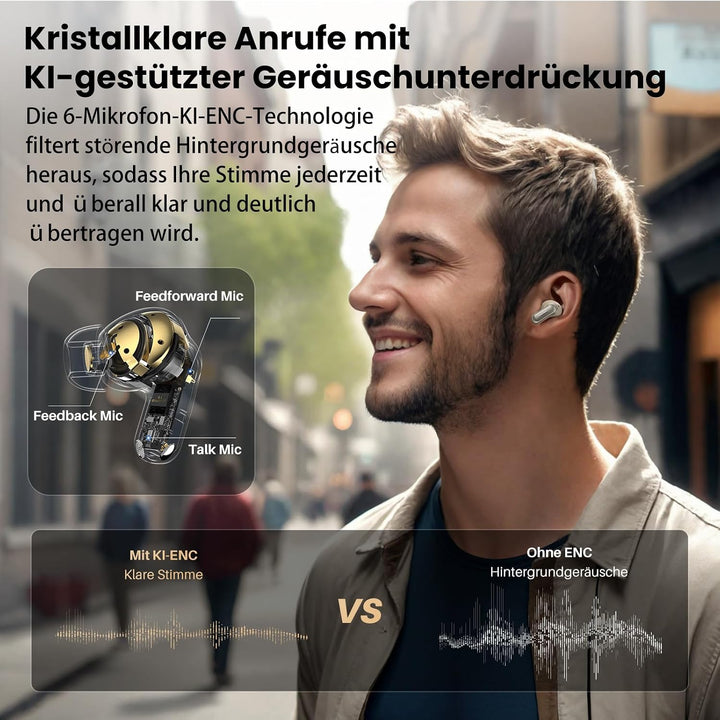 TOZO NC20 Bluetooth-Kopfhörer 6.0,6 Mics & ENC AI für kristallklare Anrufe,LDAC Hi-Res Audio,IPX8,Ve
