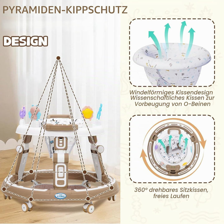 Baby Lauflernhilfe 5in1 mit Musikspielzeug, Fussstütze, 360-Grad-Stummschaltung, 6 Räder, 360° Rotat