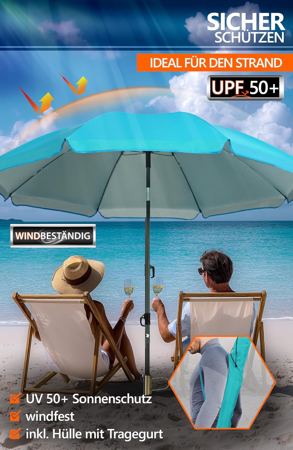 4smile Sonnenschirm Strand SunnyJoy Ø 2 m, Türkis – 3er Set inkl. Strandschirm windfest stabil, Rase