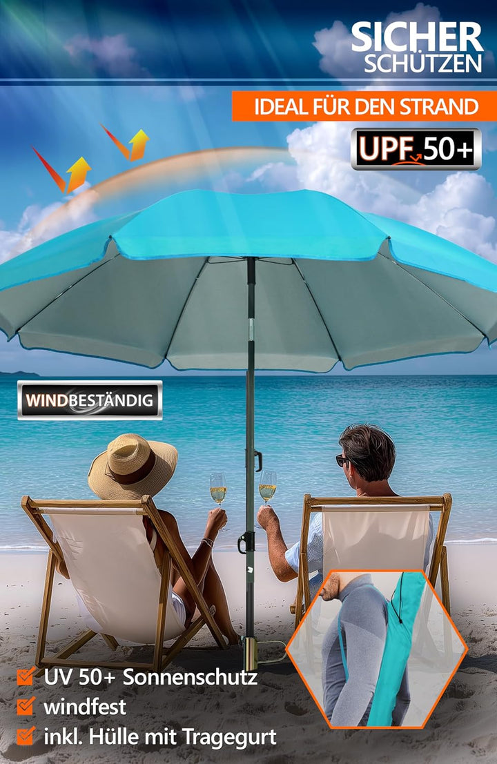 4smile Sonnenschirm Strand SunnyJoy Ø 2 m, Türkis – 3er Set inkl. Strandschirm windfest stabil, Rase