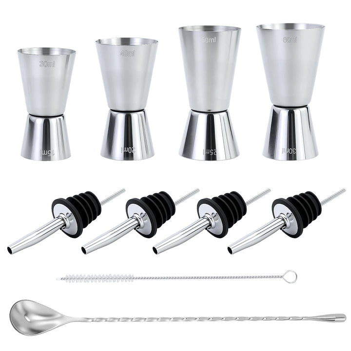 4 Stück Cocktail Messbecher, Edelstahl Barmass 3cl/4cl/5cl/6cl, Dual Gin Messbecher mit 4 Flaschenau
