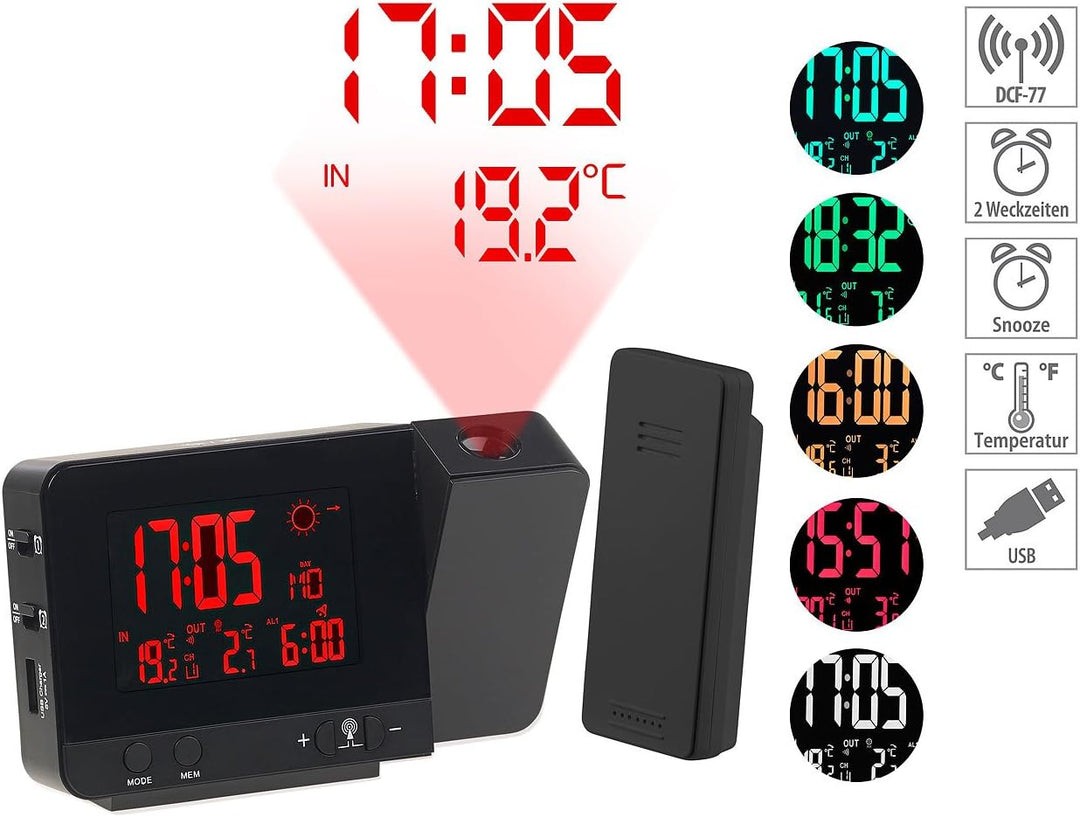 infactory Funk Projektionswecker: Funk-Wetterstation mit Projektions-Wecker, Aussensensor & USB, sch