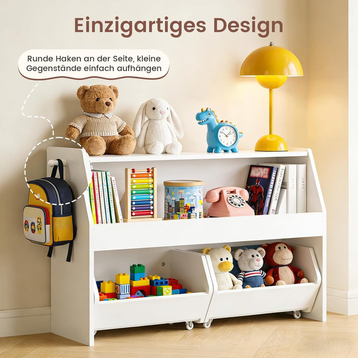 Kinderregal mit Boxen auf Rollen, Spielzeug Aufbewahrung, Kinderschrank Holz, Spielzeugregal Möbel f