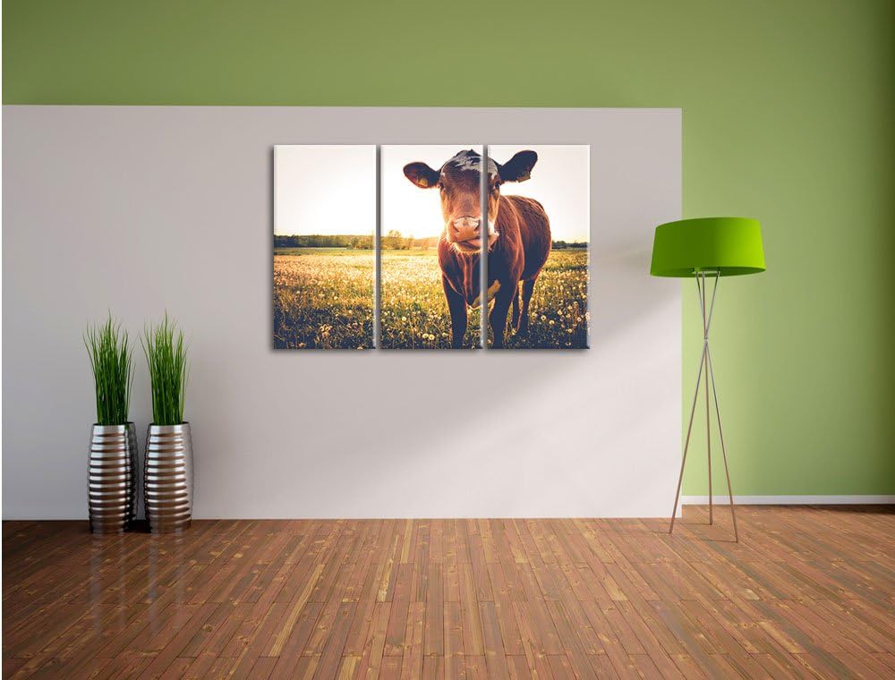 Pixxprint Kuh auf Butterblumenwiese als Leinwandbild/Grösse: 3 Teilig (120x80) / Wandbild/Kunstdruck