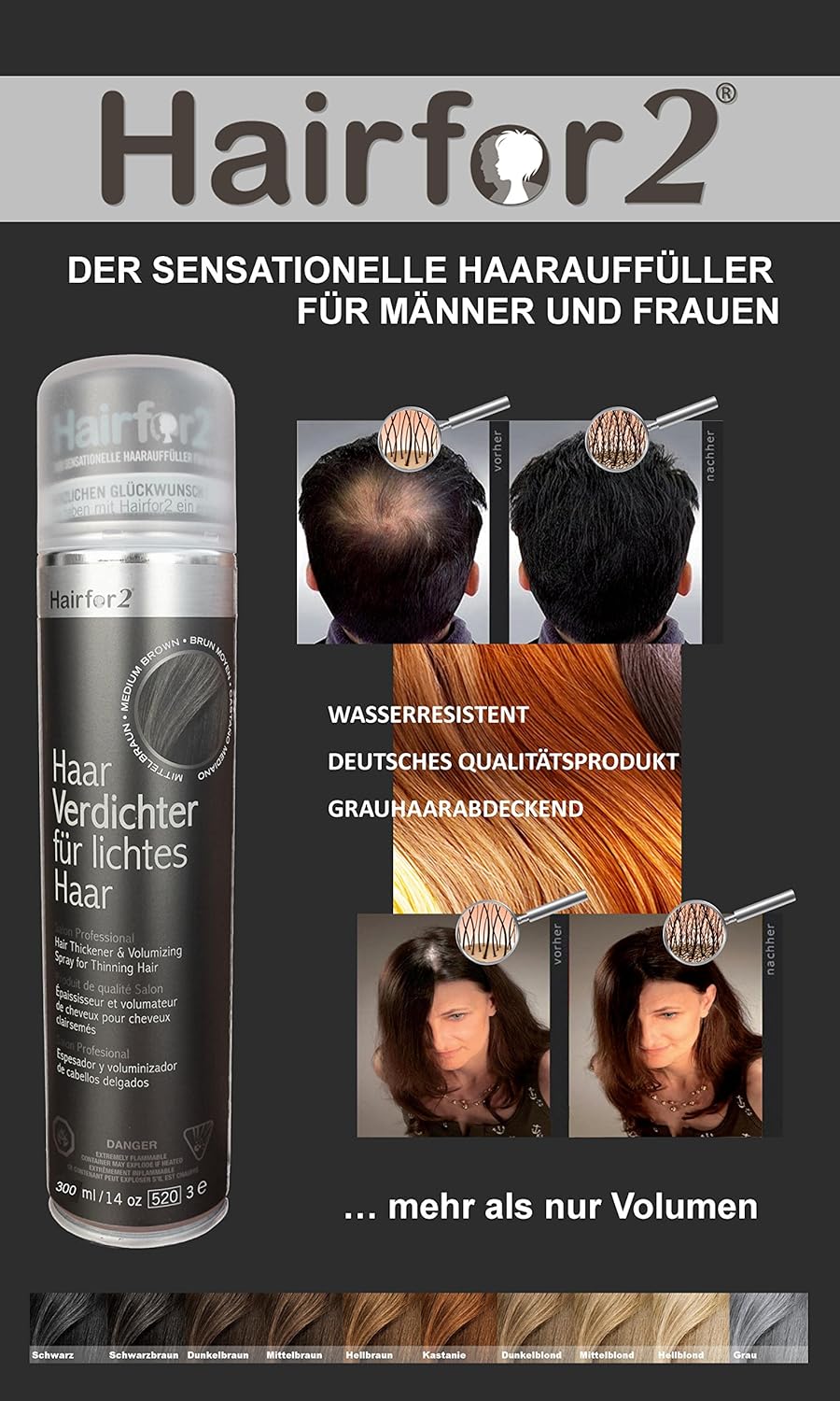 Hairfor2 Haarverdichtungsspray gegen lichtes Haar | Haarpuder | Streuhaar | Haarauffüller | Haarausf
