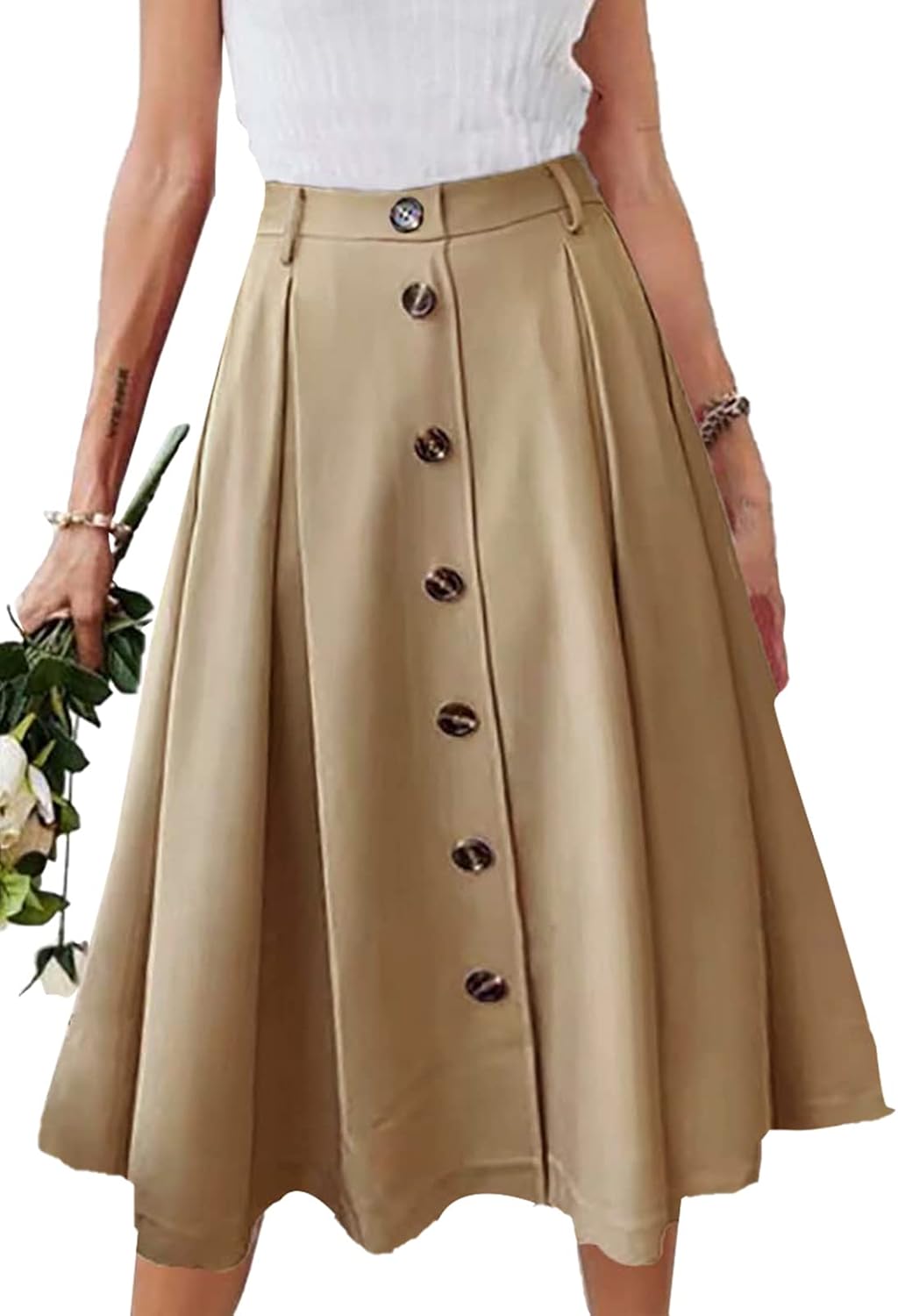 JayscreateEU Damen Rock Midirock Rock Lang Hohe Taille Rock Knielang A Linie Damen Mit Taschen Somme