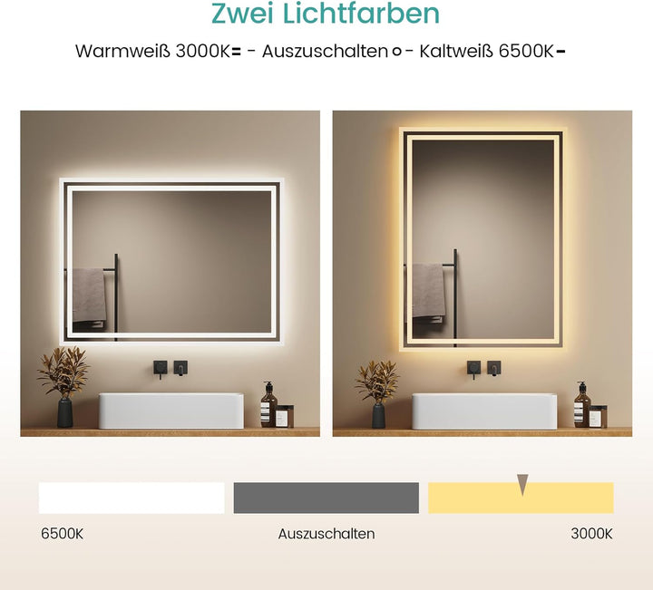 EMKE LED Badspiegel 80x60cm LED Wandspiegel mit Beleuchtung Warmweisses Licht und Kaltesweisses Lich