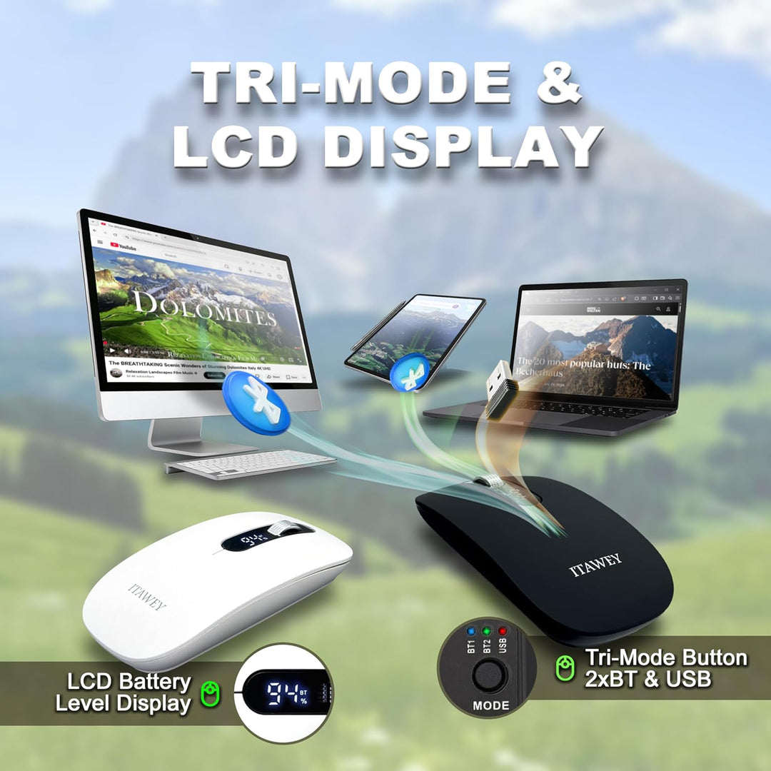 Kabellose Maus & Mauspad Set - mit LCD-Anzeige, Bluetooth & Nano USB, Tri-Modus, wiederaufladbar, le