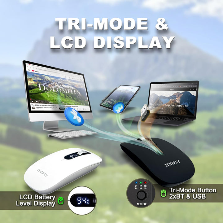 Kabellose Maus & Mauspad Set - mit LCD-Anzeige, Bluetooth & Nano USB, Tri-Modus, wiederaufladbar, le