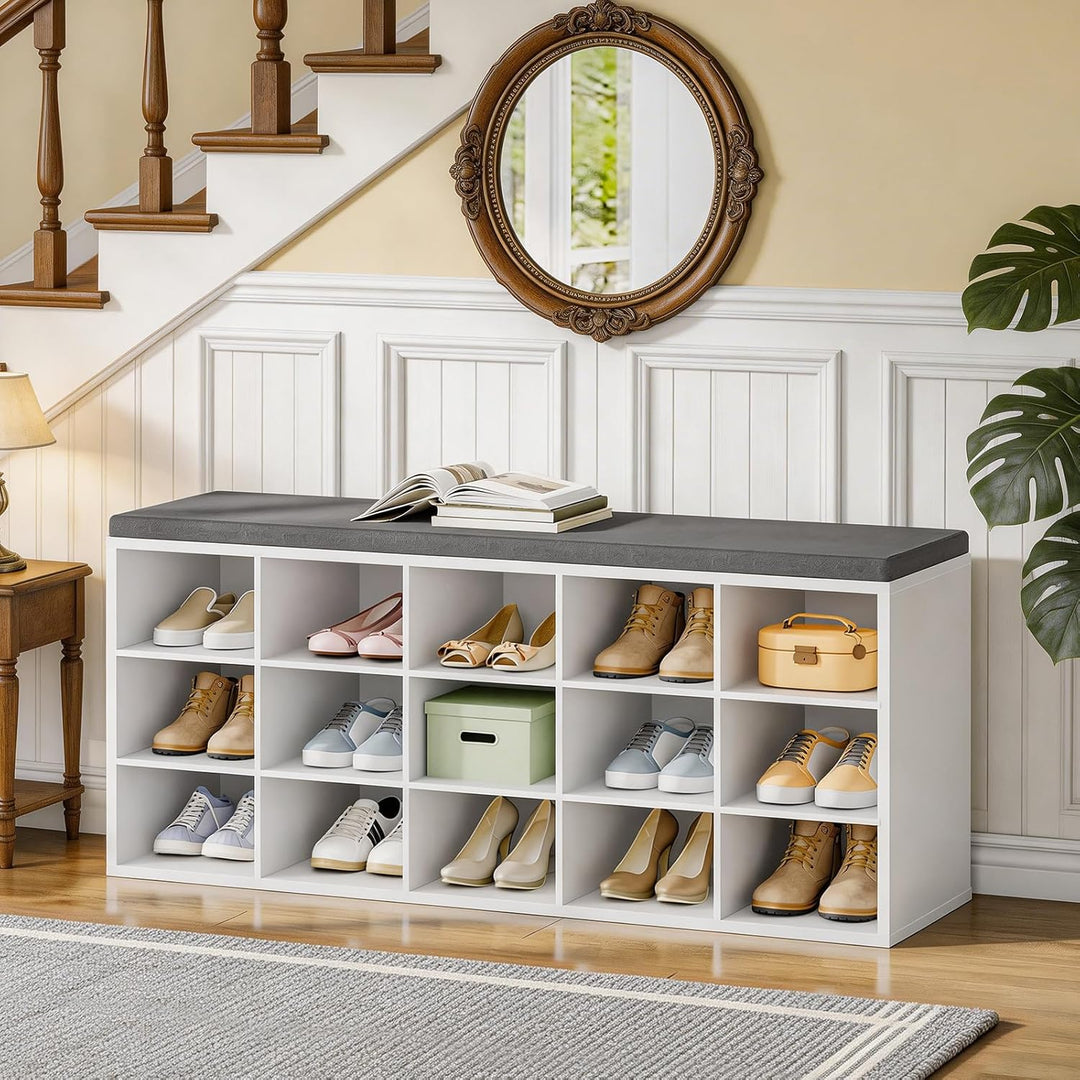 HOOBRO Schuhbank mit 15 Fächern, Schuhregal mit gepolsterter Sitzbank, Schuhschrank, 110 x 30 x 48 c