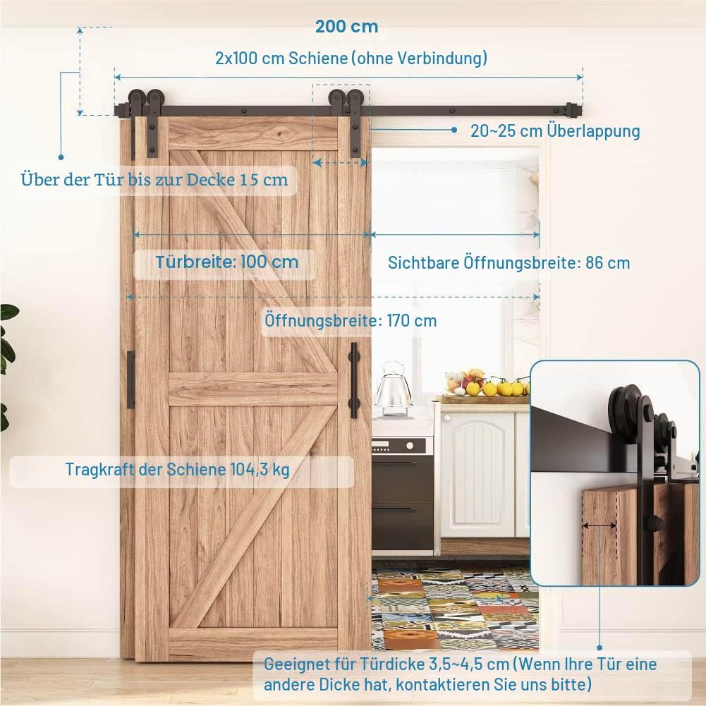 WINSOON 200CM/6.6FT Schiebetür Komplettset Bypass Doppeltür Schiebetürschiene Schiebetür, Schwarz Sc