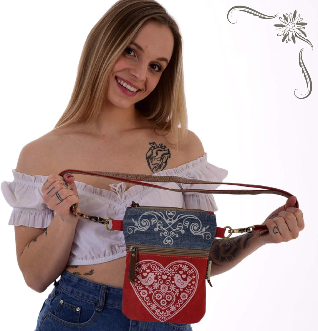Domelo Trachtentasche. kleine Nachhaltige Umhängetasche aus Recycelte Jeans. Crossbody Bag mit Herz